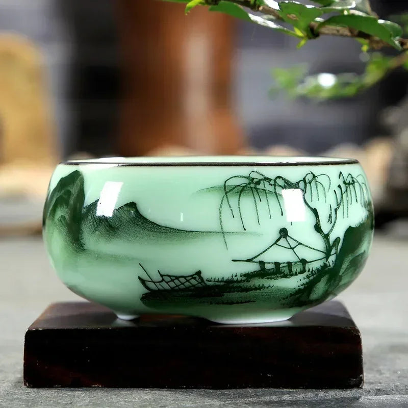 Traditional Hand-Painted Celadon Tea Bowl Collection – Set of 3